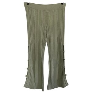 Free People FP Beach Sage Green Ribbed Knit Wide Leg Side Slit Pants Small Boho